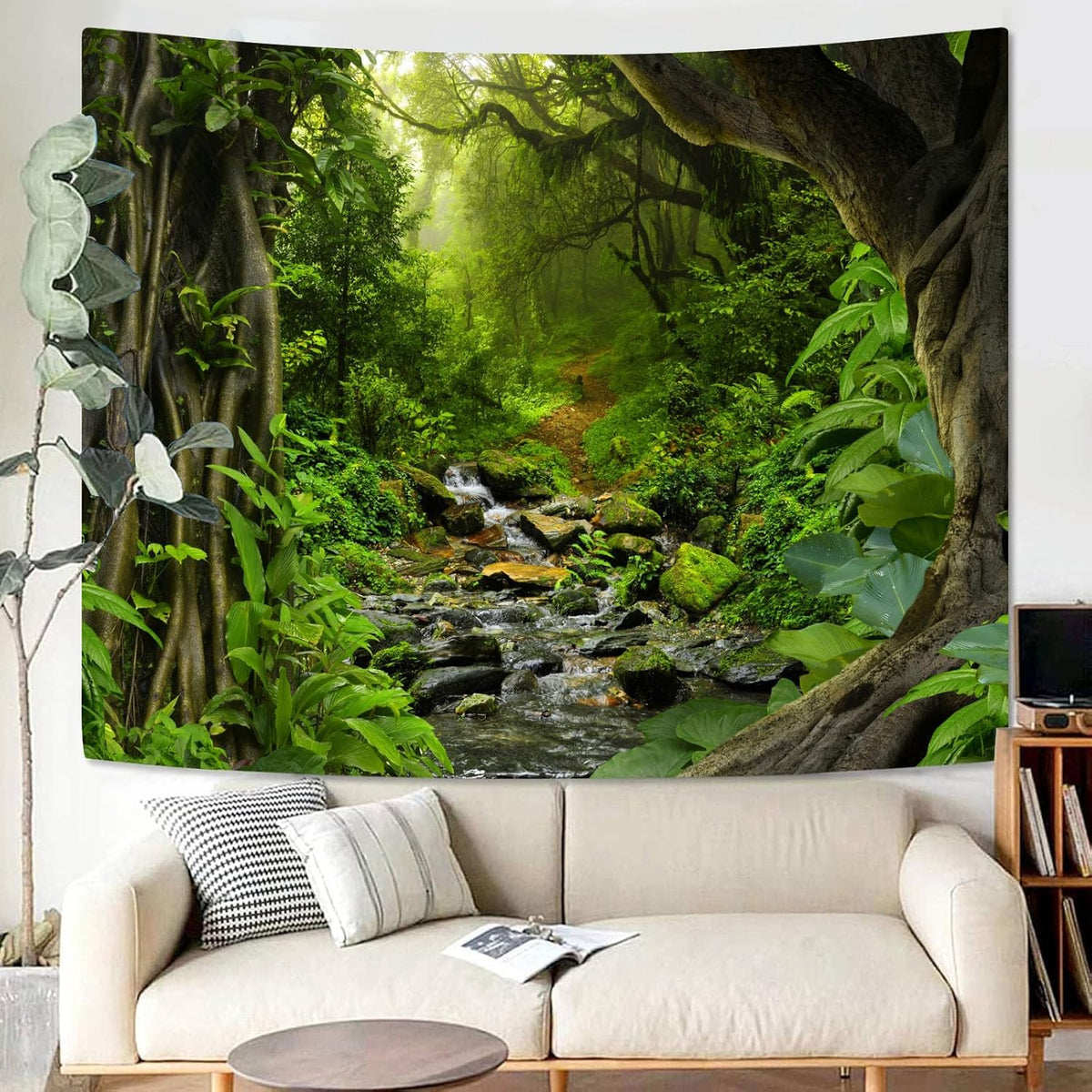 AMM Green Rainforest Tapestry Nature Forest Tapestry for Bedroom Aesthetic Misty Tropical Jungle Trees Flowing Stream Landscape Tapestries Wall Hanging for Living Room Dorm 80 x 60 Inch
