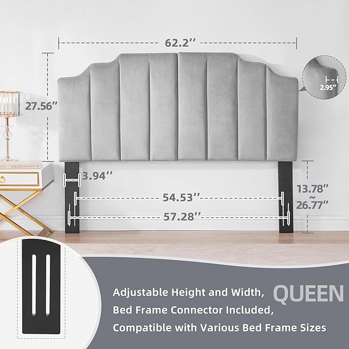 Velvet Upholstered Headboard Queen, Tufted Headboard, Elegantly Curved headboard only, Soft Padded headboards Queen Size, Modern Vertical Channel Design Head Board, Soft Grey