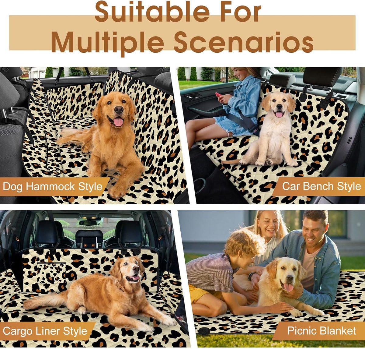 Dog Car Seat Cover, Durable Waterproof Scratch Proof Nonslip Dog Hammock, Back Seat Covers with Pocket for Cars SUVs and Trucks - S, Leopard/Black