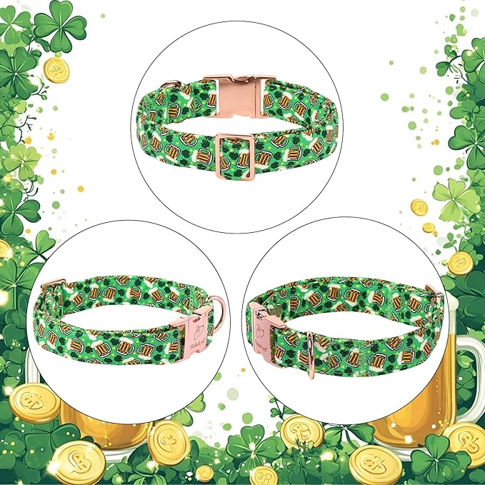 St. Patrick's Day Dog Collar, Beer & Clover Green Dog Collars, Adjustable Heavy Duty Irish Shamrock Pet Collar for Small Medium Large Dogs with Metal Buckle S