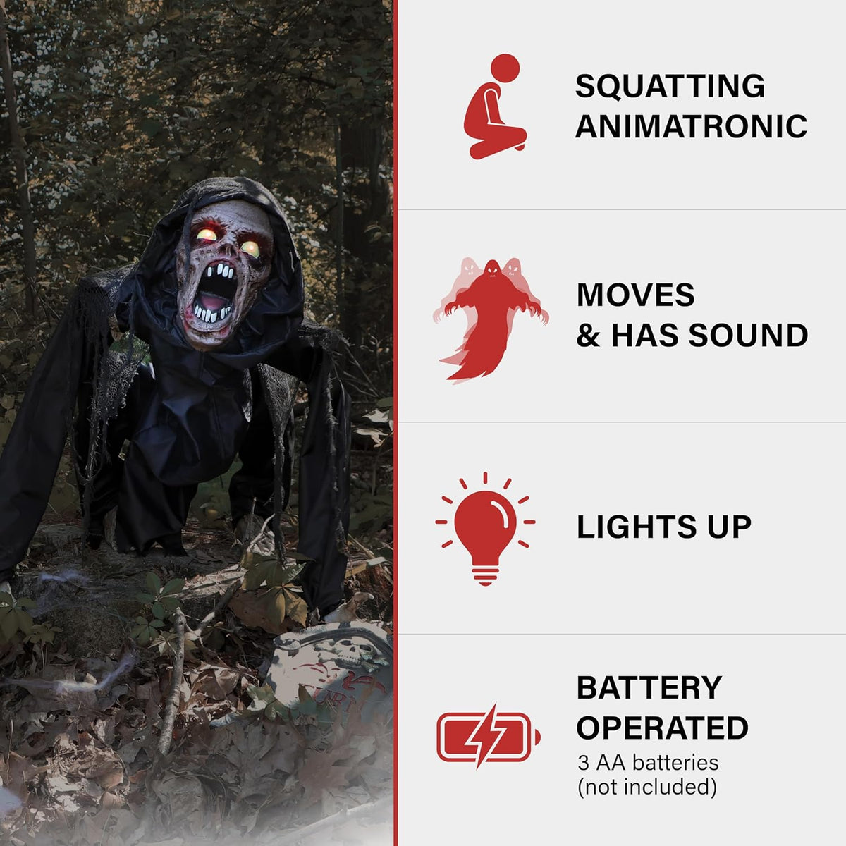 Haunted Hill Farm Scary Crouching Zombie, Halloween Animatronic with Touch Activated Lights and Sounds, Battery Operated Indoor or Covered Outdoor Halloween Decorations, Creepy Halloween Props