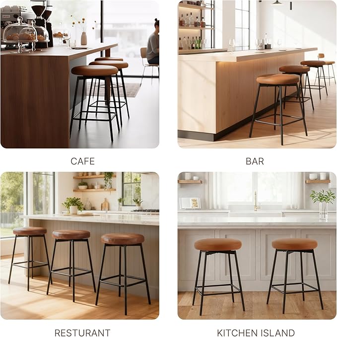 Swivel Bar Stools Set of 2, 24" Counter Height Bar Stool, Backless Barstools with Faux Leather Upholstered Seat&Sturdy Wood Legs for Kitchen Island, Brown