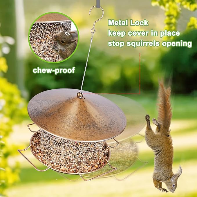 Bird Feeder for Outdoor, Weatherproof Rainproof All Metal Hanging Wild Bird Feeder with 9.8" Roof, 4.5 LBs Seeds Capacity, Easy to Clean & Refill