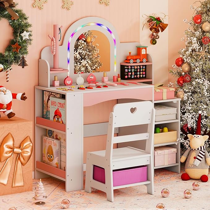 Costzon Kids Vanity, Girls Vanity Set with Lighted Mirror, Bookshelf, Jewelry Storage, Toddler Makeup Vanity Desk Dressing Table, Wooden Kids Vanity Table and Chair Set (White)