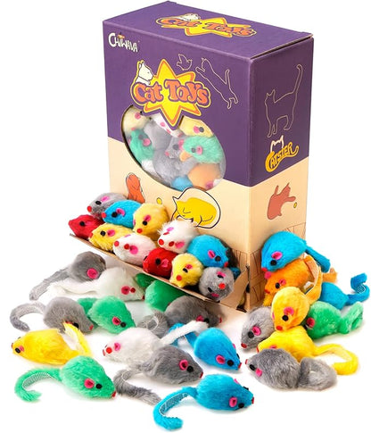 CHIWAVA 60PCS 4.1'' Furry Cat Toy Mice Rattle Small Mouse Kitten Interactive Play Assorted Color