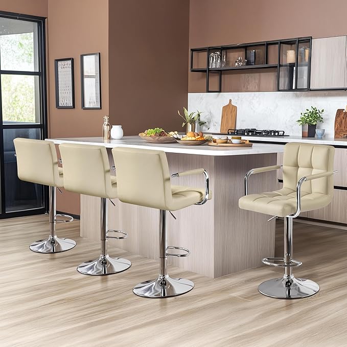 Yaheetech Bar Stools Set of 4, PU Leather Adjustable Swivel Barstools, Hydraulic Kitchen Counter Height Chairs with Armrest and Back for Kitchen, Dining Room, Khaki