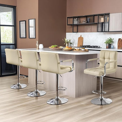 Yaheetech Bar Stools Set of 4, PU Leather Adjustable Swivel Barstools, Hydraulic Kitchen Counter Height Chairs with Armrest and Back for Kitchen, Dining Room, Khaki