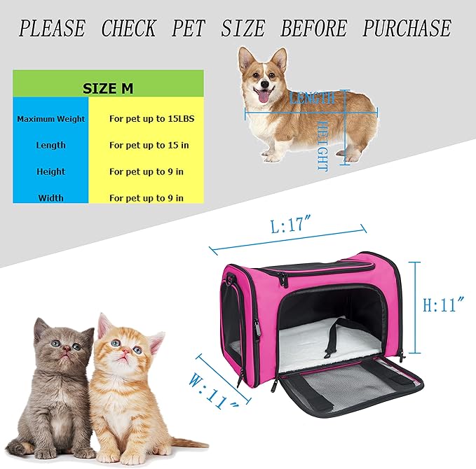 Soft Sided Carrier for Small Medium Cats Dogs,TSA Airline Approved Collapsible Travel Pet Carrier (Medium, Magenta)