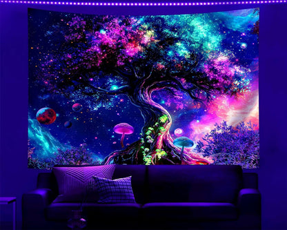 dueeia Blacklight Tree Life Tapestry Wall Hanging Fantasy Black Light Glow in the Dark Uv Mushroom Tapestries for Bedroom Aesthetic Living Room Wall Decor (59.1"x39.4")