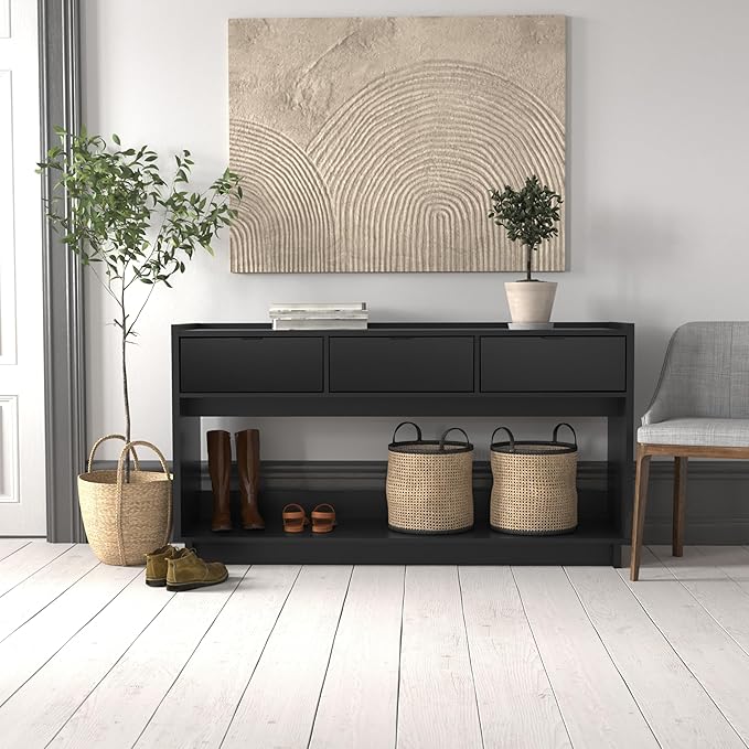 Prepac Black Simply Modern Entryway Table, Narrow Console Table with 3 Drawers, Media Console with Storage, 15.75" D x 60.25" W x 32" H