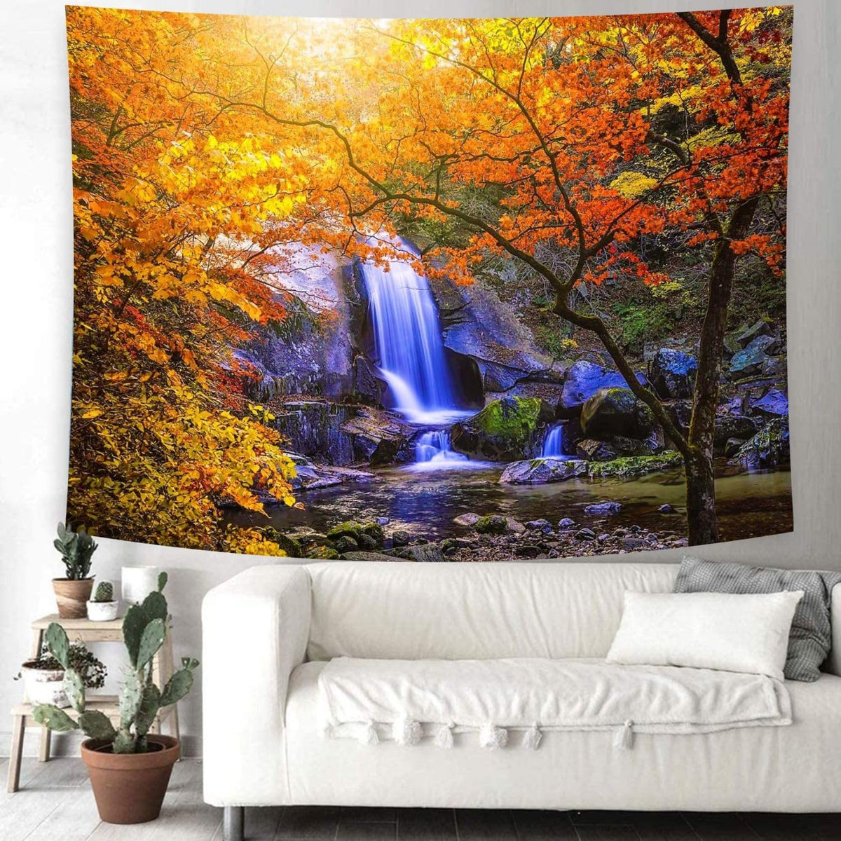 Delur Waterfall Tapestry Forest Nature Scenic Tree Mountain Sunset Tapestry Wall Hanging Natural Landscape Sunrise Headboard for Bedroom Living Room Home Decor (70.8" x 92.5")