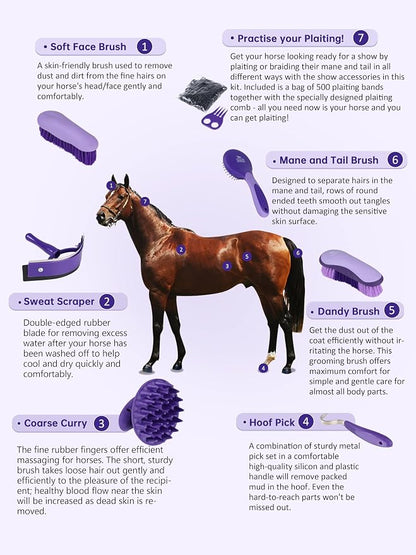Harrison Howard Horse Grooming Brushes Kit 7 pieces with Organizer Tot Equine Care Series Horse Brush Sets New Purple