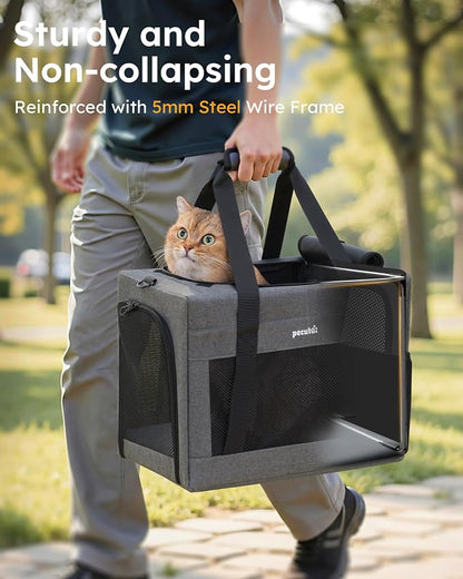 Pecute Cat Carrier, Portable Travel Dog Carrier with Stable Structure, Grey | Larger Space, 360° Ventilation & Comfort, Escape-Proof, for Travel / Car Trips / Vet Visits, Fits Cats up to 11 lbs