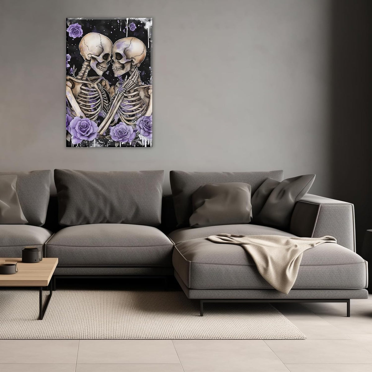 Skull Canvas Wall Art Couple Skeleton Holding Each Other Picture Art Poster Abstract Lover Painting Modern Artwork Horrible Halloween Decor(Artwork-2,12"x18")