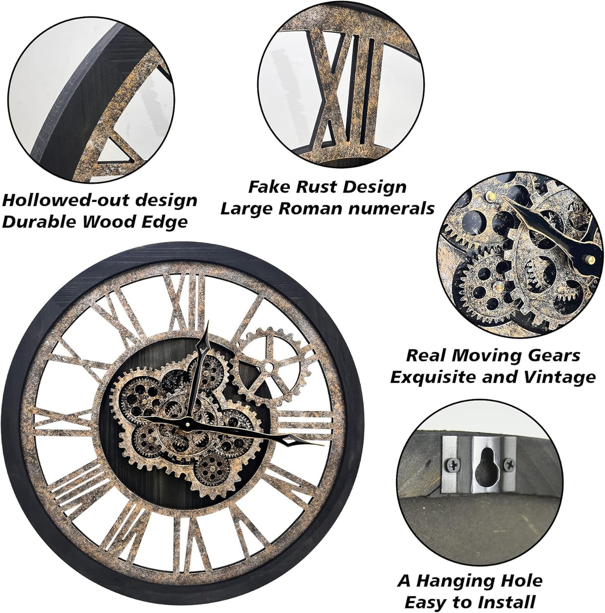 The B-Style Large Wall Clock 18 inch Moving Gear Wall Clock Oversized Vintage Farmhouse Wall Clocks for Living Room Decor Rustic Industrial Wood Clock (Black)