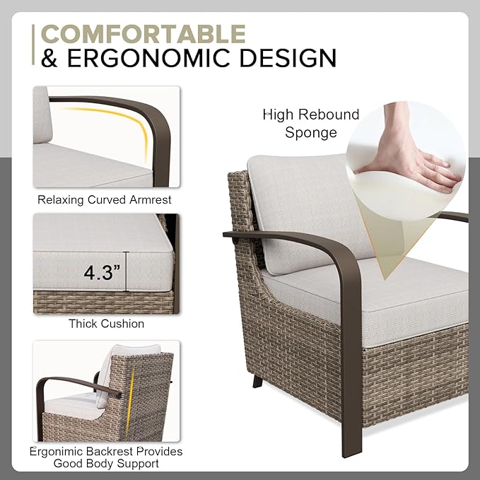 COOS BAY Aurora Terrace Half-Moon Outdoor Furniture Set, Rattan Conversation Set with Patio Chairs, Curved 4-Seat Sofa, Coffee Table & Side Table, Seats 6, Beige/Beige