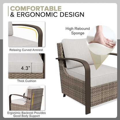 COOS BAY Aurora Terrace Half-Moon Outdoor Furniture Set, Rattan Conversation Set with Patio Chairs, Curved 4-Seat Sofa, Coffee Table & Side Table, Seats 6, Beige/Beige
