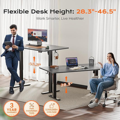 Huuger 63 x 28 Large Electric Standing Desk, Height Adjustable Computer Desk, 27.6" Deep Desktop, Stand up Gaming Office Table with 2 Hooks, 3 Preset Heights, for Home Office, Grey