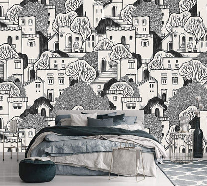 AFZEVEB-Black House with Trees Nursery Wallpaper murals for Bedroom 159"x107" (Not Peel and Stick)