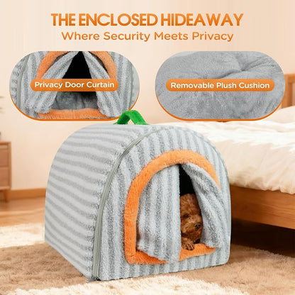 Dog House Indoor for Small Dogs, Grey, Medium | 2-in-1 Enclosed Dog Bed with Cover Cave & Curtain, Dog Tent with Plush Washable Cushion, Inside Dog House for Pets