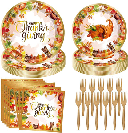 Thanksgiving Party Decorations Fall Party Supplies 96 PCS Fall Thanksgiving Disposable Dinnerware Set with Maple Leaves Gold Paper Plates Napkins and Forks for Harvest Celebrations