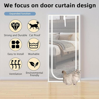 Reinforced Cat Screen Door,Fits Door Opening Size 30''x 80'',Thickened Cat Resistant Mesh Screen Door for Living Room,Kitchen,Bedroom,Cat Proof Screen with Zipper Closure. (U-Type,White)