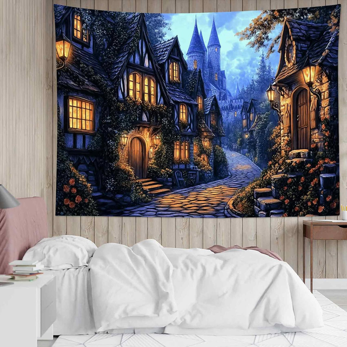 LB Vintage Castle Tapestry, Night Street Old House and Green Tree Wall Tapestry for Bedroom Aesthetic, Village Gothic Wall Art for Living Room Dorm Home Decor Ready to Hanging, 92.5 x 70.9 Inches