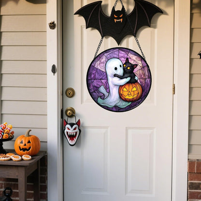 Stained Glass Window Hanging - Halloween Decorations Ghost Black Cat Pumpkin Suncatcher for Door Garden Spooky Purple Sun Catchers Gothic Decor Horror Gifts for Women Men Friend Boy 9.8 in