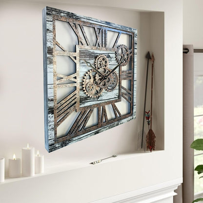 The Gears Clock 24'' Inch Square Real Moving Gear Wall Clock Vintage Industrial Oversized Rustic Farmhouse (Grey and White)