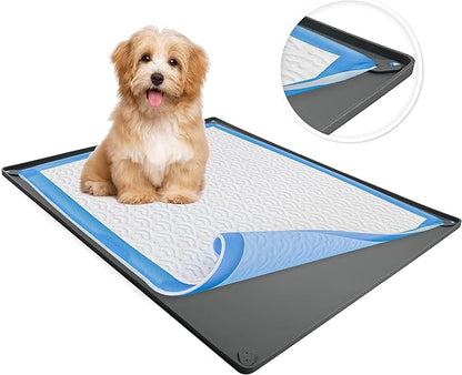 Dog Pee Pad Holder Tray Fits for 24” x 36” Pee Pads - 1 Pack - Grey | Corner Lock Holes, Raised Edges, Non-Spill, Easy to Clean Silicone Dog Potty Tray Holder, For Indoor Floor Protection