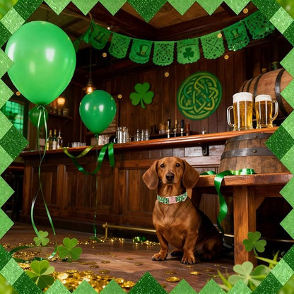 St. Patrick's Day Dog Collar, Beer & Clover Green Dog Collars, Adjustable Heavy Duty Irish Shamrock Pet Collar for Small Medium Large Dogs with Metal Buckle S