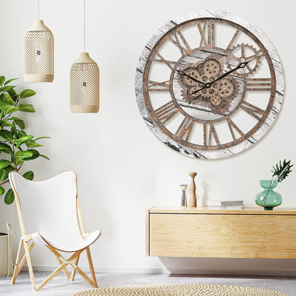 HOIBAI Large Wall Clock, 20 Inch Wall Clocks for Living Room Decor Farmhouse Vintage Rustic Kitchen Wall Decor Vintage Roman Big Oversized Wall Clock for Home Bedroom House Office, Moving Gears Clock