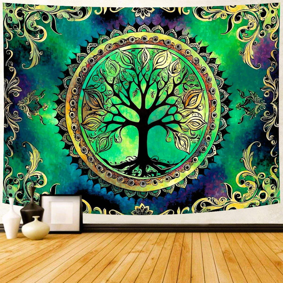 Delur Tree of Life Tapestry Green Nature Bohemian Mandala Spiritual Tapestry Wall Hanging Mystical Landscape Hippie Psychedelic Headboard for Bedroom Living Room Home Decor (51.2" x 59.1")