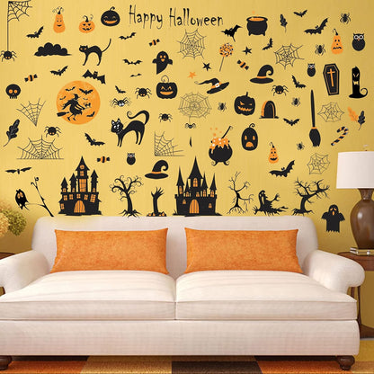 84 PCS Window Clings - Halloween Wall Stickers for Living Room, Pumpkins, Castles, Bats, Cats, Vampire, Witch Stickers, Household Decorative Murals, Party Supplies