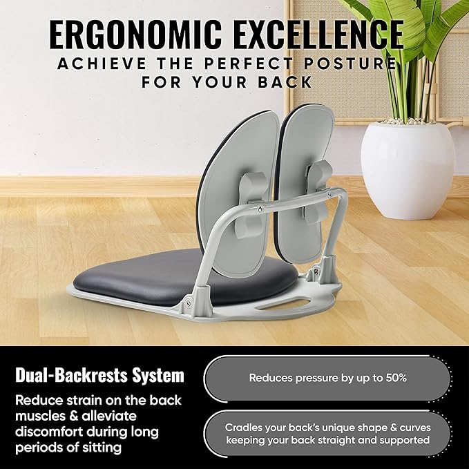 Made in Korea Dual-Backrests Ergonomic Floor Chair With Back Support - Meditation, Gaming, Reading Chair for Adults, Foldable (Black Leather)