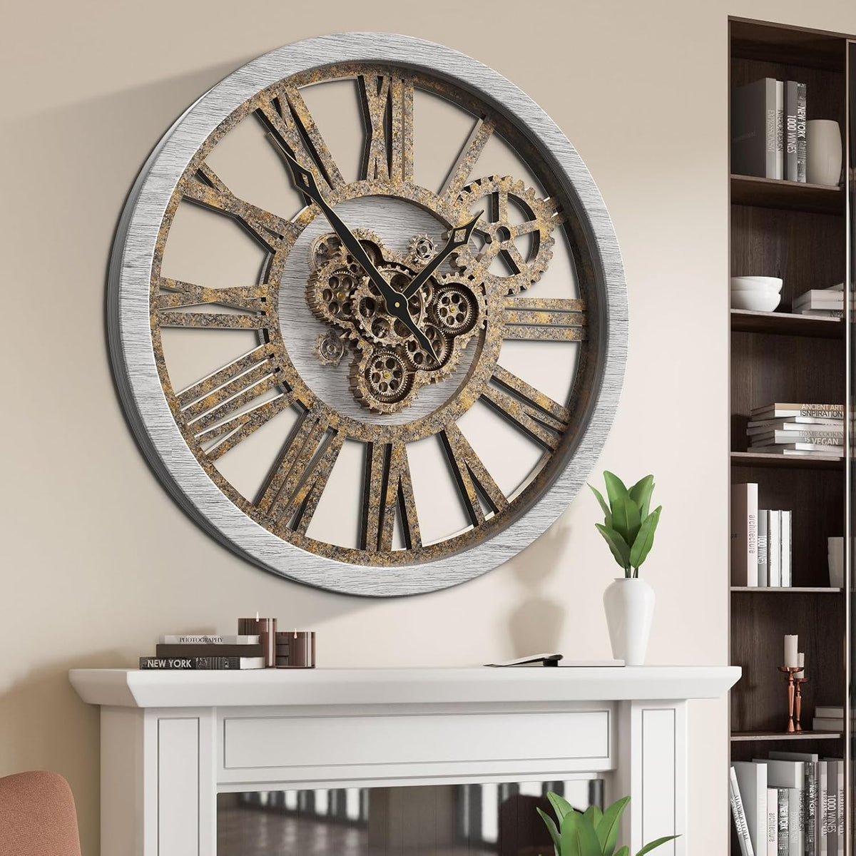 The B-Style Large Wall Clock 24 inch Moving Gear Wall Clock Oversized Vintage Farmhouse Wall Clocks for Living Room Decor Rustic Industrial Wood Clock (Silver Gray, 36 inch/90cm)