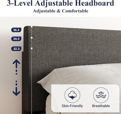 Allewie King Size Bed Frame with Adjustable Headboard, Upholstered Platform Bed with Wood Slats, Heavy Duty Mattress Foundation, No Box Spring Needed, Noise-Free, Easy Assembly, Dark Grey
