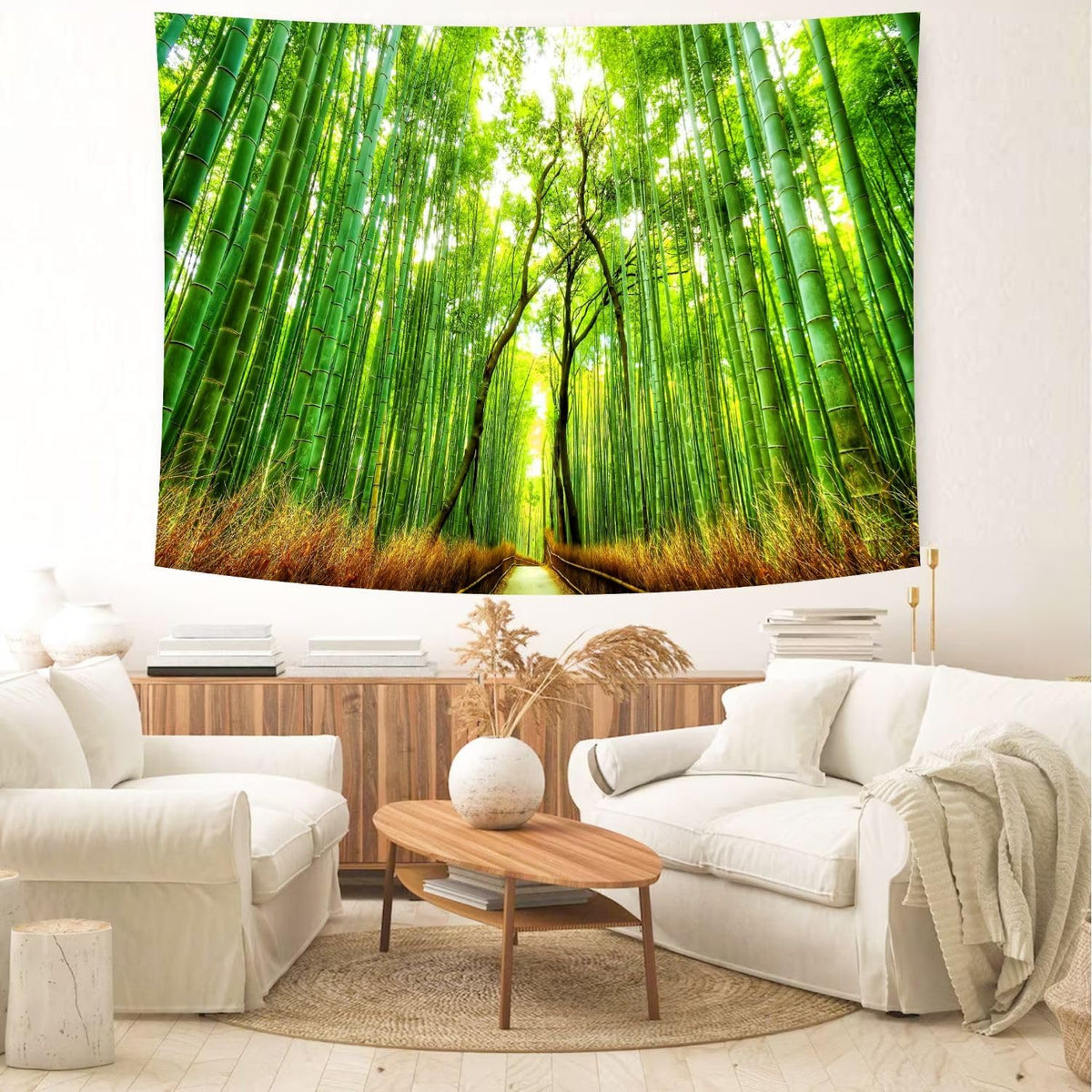 Delur Forest Pathway Tapestry Sunset Tropical Rainforest Nature Tree Tapestry Wall Hanging Sunrise Scenic Natural Green Landscape Headboard for Bedroom Living Room Home Decor (51.2" x 59.1")