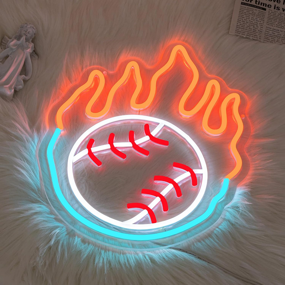 Baseball Neon Sign for Wall Decor Dimmable Baseball On Fire Neon Light Colorful LED Neon Light Sport Neon Signs USB Powered Neon Sign for Bedroom Field Club Man Cave Decoration