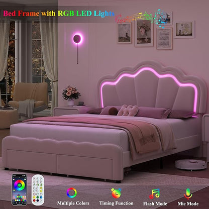 HOSTACK Full Upholstered LED Bed Frame with Storage Drawers, Cute Girls Bed with Adjustable Lotus Headboard, Velvet Princess Platform Bed Frame, Wooden Slats Support, No Box Spring Needed, Cream