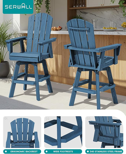 SERWALL Swivel Adirondack Bar Chairs Set of 4, HDPE Outdoor Swivel Barstools Chairs Set of 4 for Bistro, Poolside, Garden, Blue