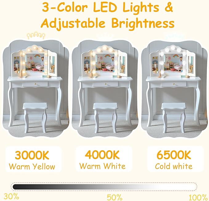 Kids Vanity, Little Girls Vanity Set with Stool and Light, 2 in 1 Wooden Kids Vanity Table and Chair Set, Princess Makeup Table with Drawer for Girls