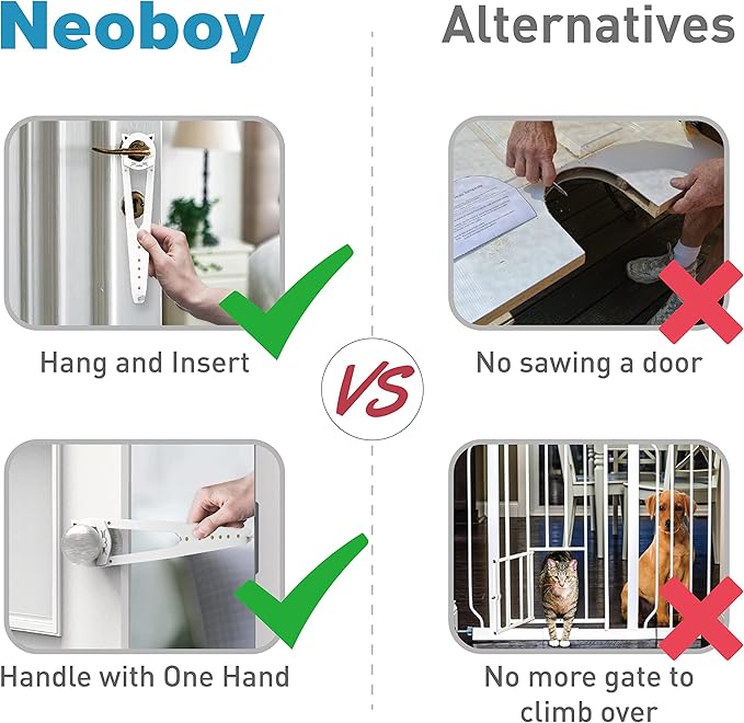 Neobay Cat Door Latch with Stabilizer, 7 Sizes Adjustable Cat Door Holder Latch, Keeps Dog Out of Litter Box, No-Drill & Portable for Interior Doors, White, 2 Packs