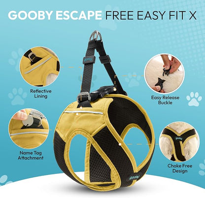 Gooby Escape Free Easy Fit X Step-in Dog Harness, Miami Yellow, Small | Patented escape-free, tightens on back-out; Choke-free X-frame + V-neck; Quick-release buckle; Reflective trim