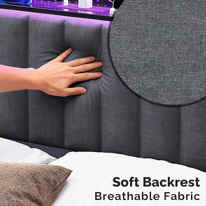 VINGLI Queen Size Headboard Only, Adjustable Upholstered Headboard with 2 Tier Shelves and Pegboard with Charging Stations and LED Lights, Modern Bed Headboard with Storage for Bedroom Decor
