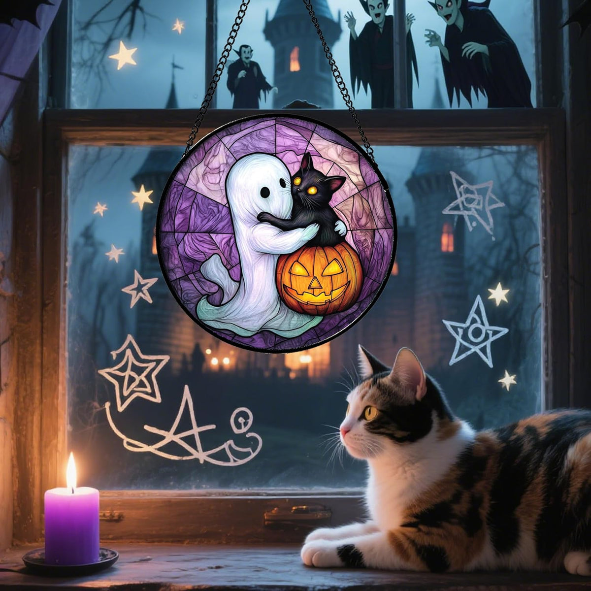 Stained Glass Window Hanging - Halloween Decorations Ghost Black Cat Pumpkin Suncatcher for Door Garden Spooky Purple Sun Catchers Gothic Decor Horror Gifts for Women Men Friend Boy 6.3 in