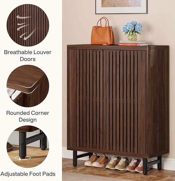 Tribesigns Shoe Cabinet with Shutter Doors, 6-Tier Entryway Shoe Cabinet with Adjustable Shelves, Wooden Modern Rack Organizer for Entryway, Hallway, Closet, Living Room, Dark Walnut