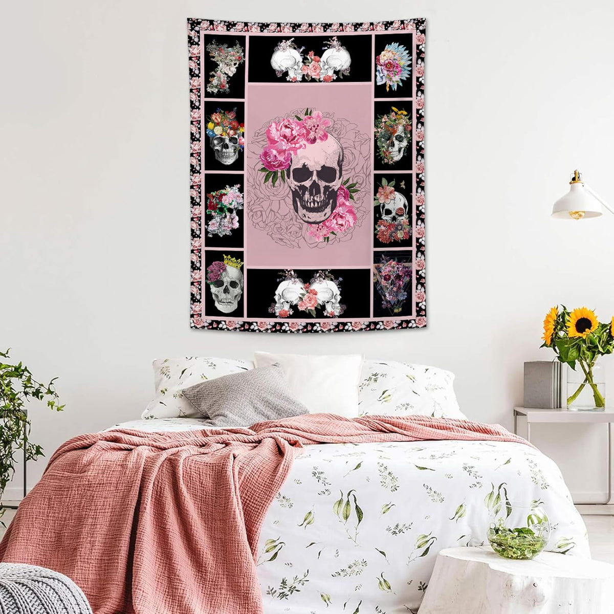 yowecso Sugar Skull Tapestry Horror Skeleton Tapestry Wall Hanging for Bedroom Rose Skull Tapestries Aesthetic Wall Decor for Home Dorm Living Room 40"x60"