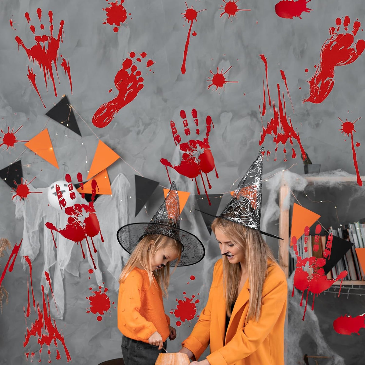 6 Pieces Bloody Handprint Window Clings – Horror PVC Stickers with Blood Splatter, Handprints, and Footprints for Scary Halloween Party Decorations, Haunted House, and Spooky Indoor Outdoor Décor