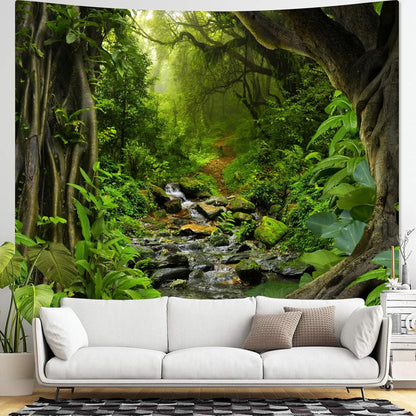 AMM Green Rainforest Tapestry Nature Forest Tapestry for Bedroom Aesthetic Misty Tropical Jungle Trees Flowing Stream Landscape Tapestries Wall Hanging for Living Room Dorm 60 x 44 Inch